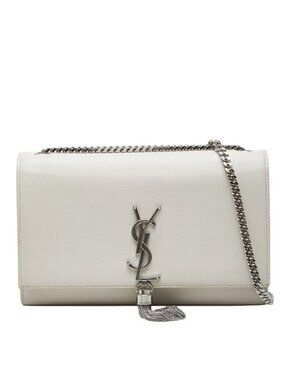 Saint Laurent YSL Logo Kate Tassel Chain Shoulder Back White Ivory Leather